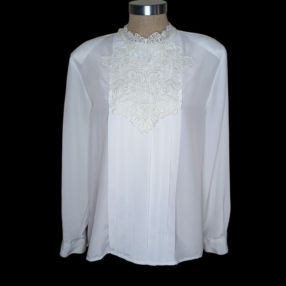 Essentials by Worthington Blouse Sz 12 Vintage White Lace Overlay Romantic